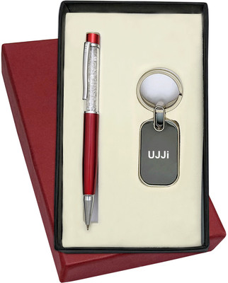 UJJi 2in1 Combo with Red Body Colour Cristal Metal Ball Pen with Keychain Pen Gift Set(Pack of 2, Ink Color - Blue )