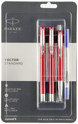 PARKER VECTOR STANDARD RED CT FOUNTAIN PEN, ROLLERBALL PEN & BALL PEN SET Pen Gift Set(Ink Color - Blue)