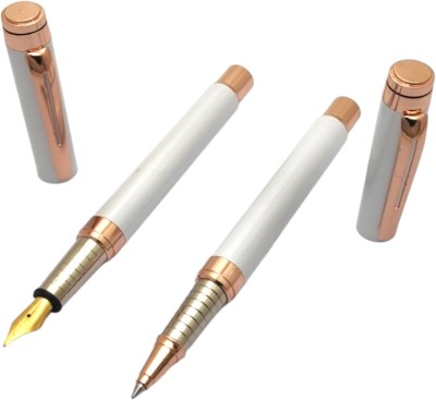 auteur Pearl White , Brass Metal Body , Rose Gold Trims, Elegant Writing Experience Pen Gift Set(Pack of 2, Ink Color - Blue)