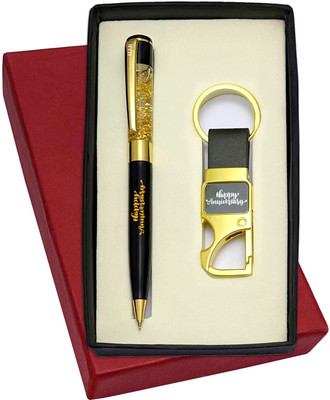 UJJi Happy Anniversary Printed Golden Gel Filled Brass Body Ball Pen & Hook Keychain Pen Gift Set(Pack of 2, Ink Color - Blue )