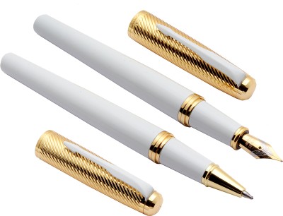 Ledos Dikawen 8077 White & Golden Metal Body With Arrow Clip Set Of Rollerball Pen & Fountain Pen(Pack of 2, Blue Refill, Converter system)