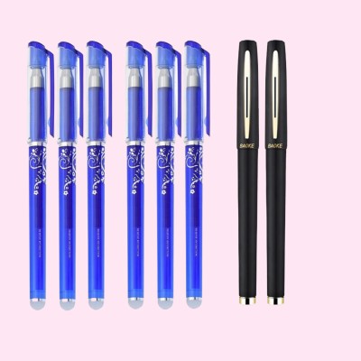 Baoke 0.35mm Blue Ink 6 Erasable+Baoke 2 Black Gel Ink Roller Pen Fine Point 0.7mm Gel Pen(Pack of 8, Ink Color - Blue, Black)