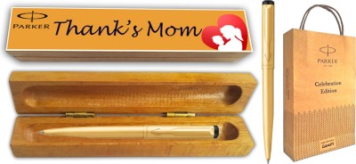 PARKER VECTOR GOLD BP GOLD TRIM With Wooden Thank's Mom Wishing Gift Box & Gift Bag Ball Pen(Blue)