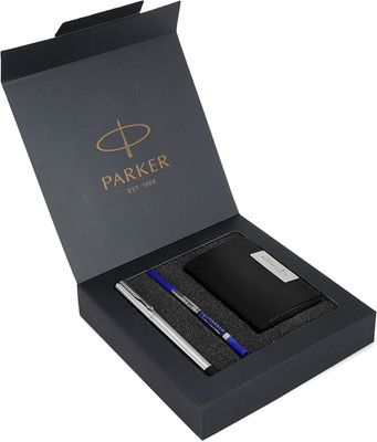 PARKER Vector Stainless Steel Chrome Trim Roller Ball Pen With Card Holder Pen Gift Set(Ink Color - Blue)