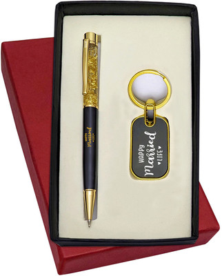 UJJi Happy Married Life Printed Golden Gel Filled Brass Body Ball Pen & Keychain Pen Gift Set(Pack of 2, Ink Color - Blue )