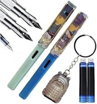 apcatio PUBG Theme Set Fountain Pen Fine Nib Ink Pen 2 Pen With 2 Refills ,1 key chain Fountain Pen(Ink Color - Blue)