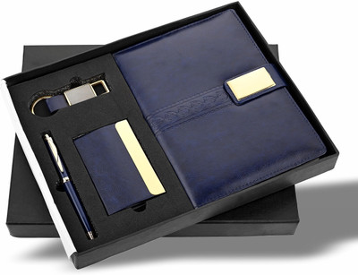 GifMor Premium 9162 Blue with Gold Parts - A5 Diary, Keychain, Card Holder and Pen Gift Set(Pack of 4, Ink Color - Blue)