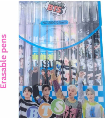 AAHANSHOPPE BTS ERASEABLE GEL PEN PACK OF 12 PCS BLUE INK RANDOM BTS PRINT Gel Pen(Pack of 12, Ink Color - Blue)