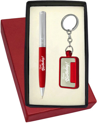 UJJi Birthday Gift with Half Chrome Plated Red Body Pen with Keychain Pen Gift Set(Pack of 2, Ink Color - Blue )