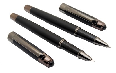 Ledos Luoshi 5307 Set Of Matte Black Metal Body Gunmetal Trims Rollerball Pen & Fountain Pen(Pack of 2, Blue Refill, Converter System)