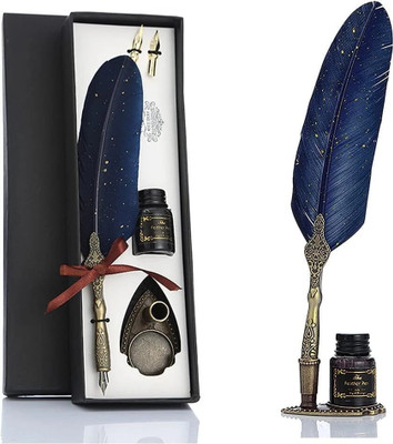 Estervig Luxury Blue Feather Quill Dip Pen Set with Black Ink, 2 Extra Nibs & Stand Calligraphy(Ink Color - Black)