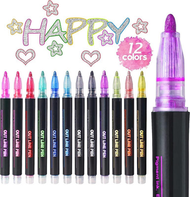 Dhvyant Mart Double Line Outline Highlighter Metallic Glitter Pen Set for Rock Painting Marker Ink(Pack of 12, Ink Color - Multicolor)