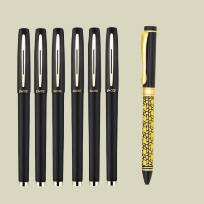 Baoke 6 Black Gel Pen Fine Point 0.7mm+FREE Roller Ball Blue Pen|Gold & Black Finish Gel Pen(Pack of 7, Black)
