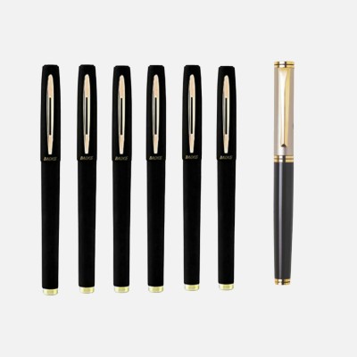 Baoke 6 Black Gel Pen 0.7mm+FREE Roller Ball Blue Ink Pen Elegant Black & Gold Finish Gel Pen(Pack of 7, Black)
