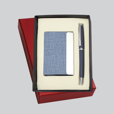 UJJi Matte Blue Metal Pen with Check Pattern PU Leather Card Holder Ball Pen(Pack of 2, Ink Color - Blue)