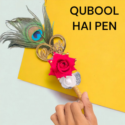 Qubool hai more pankh pen with red &white rose with gold plated nikah signature pen Ball Pen(Ink Color - Blue)