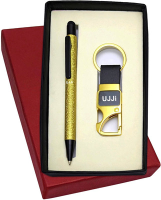 UJJi 2in1 Set in Golden Texured Design Pen with Stylus and Hook Keychain Pen Gift Set(Pack of 2, Ink Color - Blue )