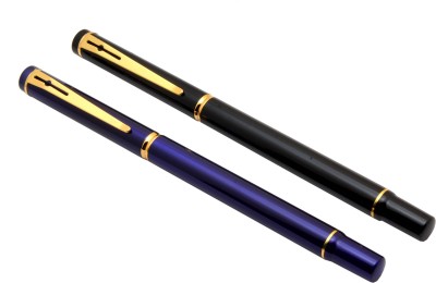 Ledos Set Of 2 Luoshi 3339 Blue & Black Metal Body White Crystal On Top & Golden Trims Fountain Pen(Pack of 2, Converter system)