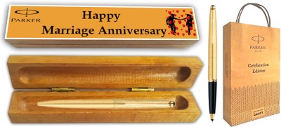 PARKER GALAXY GOLD ROLLER GT RB With Wooden Happy Marriage Anniversary GiftBox &GiftBag Roller Ball Pen(Blue)