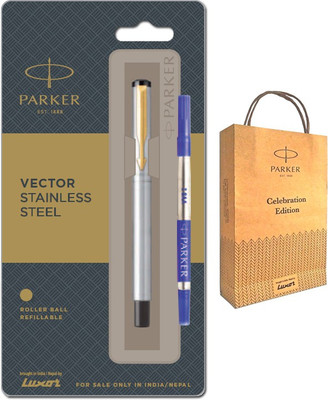 PARKER VECTOR STAINLESS STEEL ROLLER BALL PEN WITH GOLD TRIM Gift Bag Roller Ball Pen(Ink Color - Blue)
