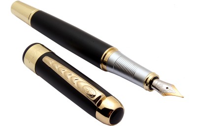 Ledos Jinhao 250 Shine Black Metal Body Golden Trims & Fine Nib Fountain Pen(Converter System)
