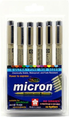 SAKURA Pigma Micron Pen Set of 6 Pens -005,01,02,03,04,05 Fineliner Pen(Pack of 6, Black)