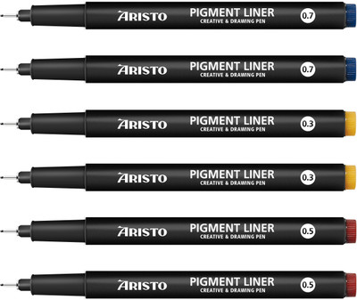 Aristo Pigment Liner | 0.3, 0.5 & 0.7mm | Light & Water Resistant | Black Fineliner Pen(Pack of 6, Ink Color - Black)