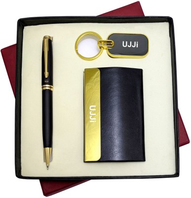 UJJi 3in1 Set with Black Color Golden Part Twist Pen, Keychain and ATM Card Holder Pen Gift Set(Pack of 2, Blue Ink)