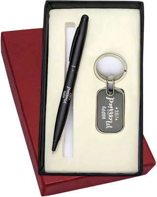 UJJi Happy Married Life Engraved Set in Matte Black Color Pen and Metal Keychain Pen Gift Set(Pack of 2, Ink Color - Blue )