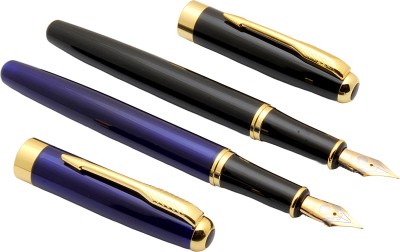 Ledos Set Of 2 Qibao 388 Blue & Black Metal Body Golden Trims & Fine Nib Fountain Pen(Pack of 2, converter mechanism)