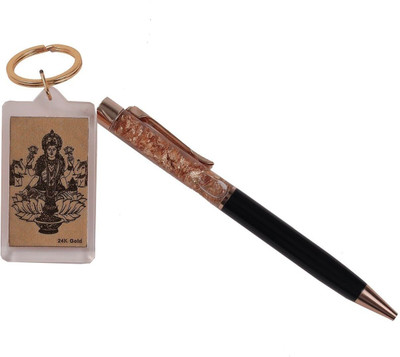 Purushottam Gagubhai Zaveri Laxmi Golden Key Ring&Pen Gift Set with Wooden Box 24KT Pure Gold Foil Finish Pen Gift Set(Pack of 2, Ink Color - Blue)