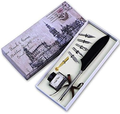 BM RETAIL 1 Pcs Antique Quill Feather Dip Pen & Ink Set with 6 Different Style Nib Fountain Pen(Ink Color - Black)