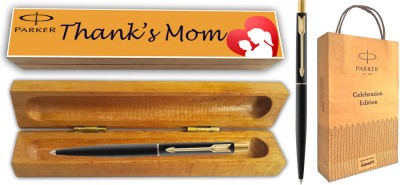 PARKER CLASSIC MATTE BLACK GT BP With Wooden Thank's Mom Wishing Gift Box and Gift Bag Ball Pen(Blue)