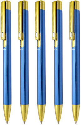 UJJi Shiny Gloss Finish Blue Colour with Gold Part Metal Pack of 5 Ball Pen(Pack of 5, Ink Color - Blue)