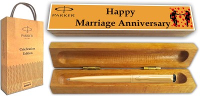 PARKER VECTOR GOLD GT BP With Wooden Happy Marriage Anniversary Gift Box and Gift Bag Ball Pen(Blue)