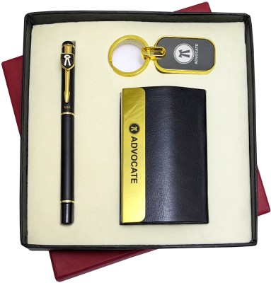 UJJi Advocate Gifts 3in1 Golden Part Black Body Pen, Keychain and ATM Card Holder Pen Gift Set(Pack of 2, Blue Ink)