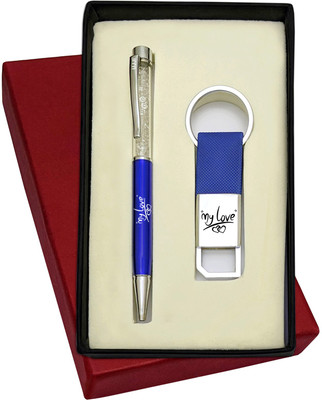 UJJi 2in1 My Love Engraved Set with Cristal Blue Body Ball Pen with Hook Keychain Pen Gift Set(Pack of 2, Ink Color - Blue )