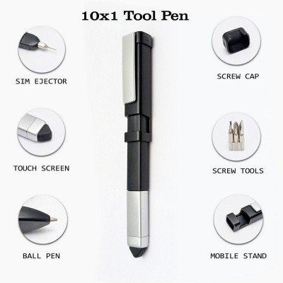 UJJi 10x1 Multi Use Tool Pen Black with Silver Ball Pen(Ink Color - Blue)