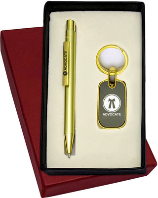 UJJi 2in1 Advocate Set in Shiny Gold Color Retractable Pen & Metal Keychain Pen Gift Set(Pack of 2, Ink Color - Blue )