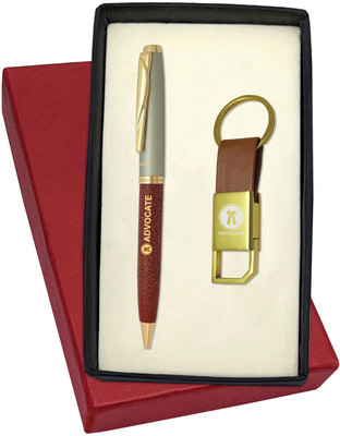 UJJi Advocate Logo Leather Coated Brown with Golden Part Keychain and Pen Gift Set(Pack of 2, Ink Color - Blue )