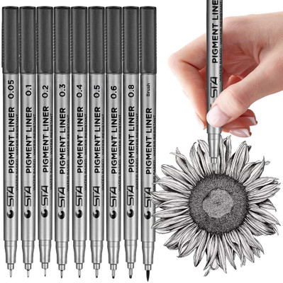 Levin Pigment Black Fineliner pen Based Waterproof Black Pen Set for Art Writing Fineliner Pen(Pack of 9, Ink Color - Black)