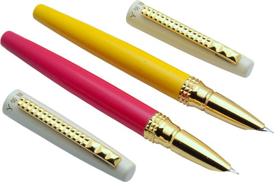 Ledos Set Of 2 Lucky Pink & Yellow With Golden Trims & Fine Nib Fountain Pen(Pack of 2, Ink Color - converter system)