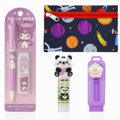 Ikko Kuromi Mechanical Pencil, 12 extra lids, Cute Panda Glue Stick & Purple Eraser Stationery Set(Pack of 4, Ink Color - 12 Lids)