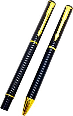 Lestylo Executive 801 Black Metal Body With Designer Gold Plated Clip Roller & Ball Pen Gift Set(Pack of 2, Ink Color - Blue)