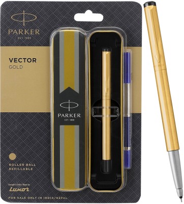 PARKER Vector Stainless Steel, Gold Trim Roller Ball Pen(Ink Color - Blue)