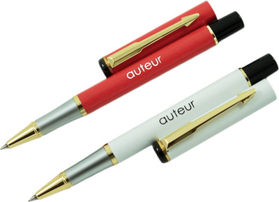 JINHAO Executive 801 Red & White Metal Body with Designer Gold Plated Clip Roller Ball Pen Gift Set(Pack of 2, Ink Color - Blue)