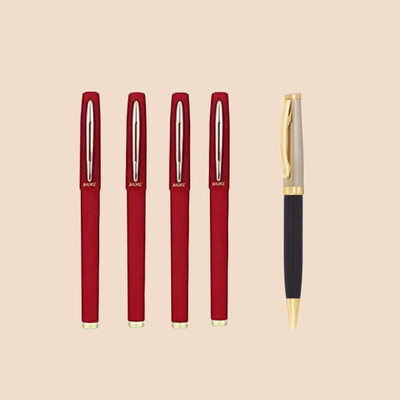 Baoke 0.7mm Red Gel ink pen fine point+Roller Ball Blue Pen Elegant Gold&Black Finish Gel Pen(Pack of 5, Ink Color - Red)