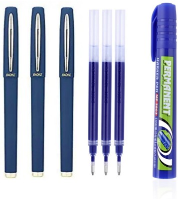 Baoke 1.0mm Smooth Blue Gel Pen Set of 3 & Free 3 1.0mm Blue Refills+1permanent Marker Gel Pen(Pack of 7, Blue)