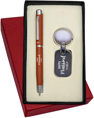 UJJi Happy Married Life Engraved Tan Color Metal Ball Pen & Keyring Combo Pen Gift Set(Pack of 2, Ink Color - Blue )