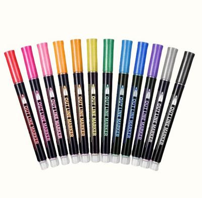 NAVDEEP COLLECTION Designer Set Of 12 Double Line/Outline Pen For Kids And Adults.(Set of 12, Multicolor)